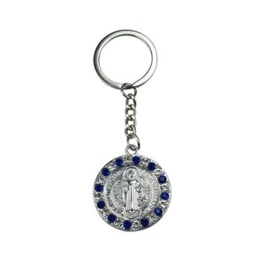 Imagem de Chaveiro Medalhão São Bento Prateado E Dourado Pedras Azuis
