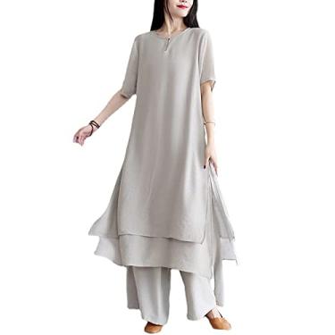 Imagem de Yajun Vestido Hanfu feminino terno de duas peças estilo chinês algodão linho zen roupas de dança blusa bordada retrô manga comprida, cinza, 2GG (busto: 114cm)