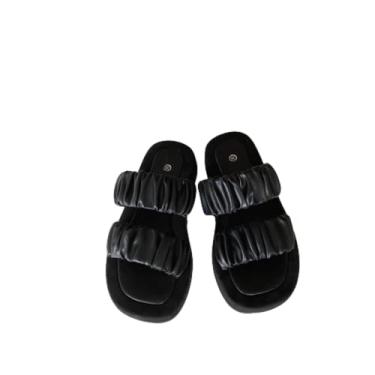 Imagem de Chinelo feminino de verão elegante para uso ao ar livre sandália de salto alto anabela sem cadarço chinelo de alta qualidade, Preto, 4 Narrow
