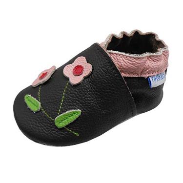Imagem de YIHAKIDS Sapatos de couro para bebês primeiros passos mocassins infantis sola macia bonito meninos meninas rastejando chinelos, Dark Brown,flower, 6-12 Months Infant