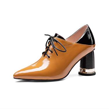 Imagem de TinaCus Sapato feminino de couro envernizado bico fino feito à mão com salto grosso médio, Laranja, 10.5