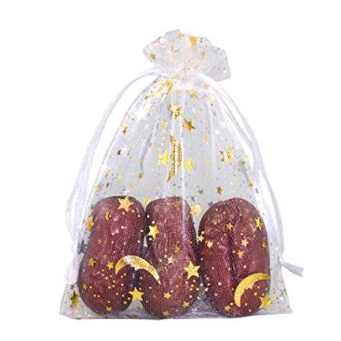 Imagem de SUNGULF 100 pçs Bolsas de Cordão de Organza Transparente Estrelas e Lua Casamento Festa Favor Joias Doces Sacos de Presente, Branco, 4x5 inch