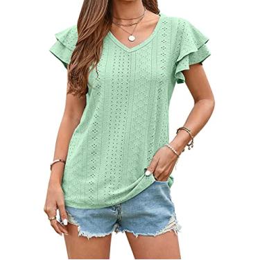 Imagem de Blusa feminina oca de manga curta verão manga com babados doce camisas casuais manga curta túnica tops liso pulôver camiseta, verde, XGG