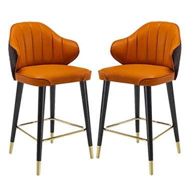 Imagem de Cadeiras de jantar cadeiras de sala de jantar bancos de bar de metal conjunto de 2 bancos industriais sem braços com assento de couro PU macio, banco de altura de barra com apoio para os pés de metal e encosto curvo confortável para casa, Di
