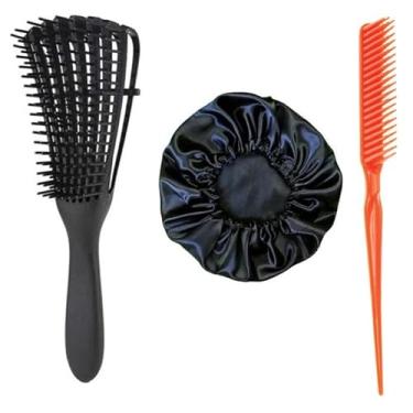 Imagem de Kit Escova Cabelo Polvo Para Cabelos Crespos Cacheados Anti Quebra e Desembaraçadora + Pente Escova 3 Fileiras Fitagem Finalização + Touca de Cetin RJI Utilidades (Cores sortidas)