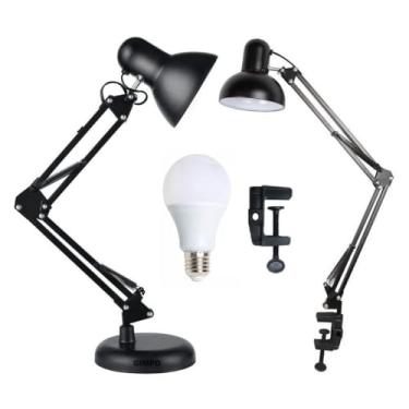 Imagem de Luminária Mesa 2x1 Metal Abajur Lâmpada Base Garra Flex + Lâmpada LED GIMPO 811c Cor: Preto