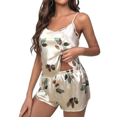 Imagem de OYOANGLE Conjunto de pijama feminino de 2 peças com estampa de cetim sem mangas e shorts de cintura elástica, Bege, P