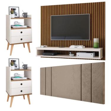 Imagem de Kit 2 Mesinhas Gavetas Nicho Quarto Dream Painel TV 50 Polegadas Cissa Ripado Freijó/Off Cabeceira Estofada Cama Box Casal Luana 1,40 Bege –RPM