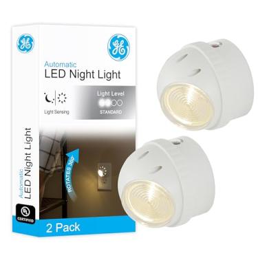 Imagem de GE Luz noturna LED giratória, pacote com 2, plug-in, holofote direcional de 360??, sensor do crepúsculo ao amanhecer, certificado UL, eficiência energética, ideal para quarto, banheiro, corredor,