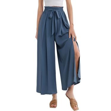 Imagem de GRACE KARIN Calça feminina de perna larga com bolsos leve cintura alta nó caual solta dividida rodada calça palazzo, Azul, G