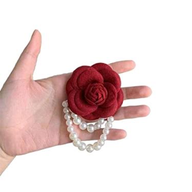 Imagem de Broche, broche estilo coreano, acessórios de gola de camisa feminina estilo vintage, corpete de pino de joias de pérola, broche de flor de camélia (vermelho)