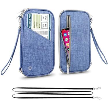 Imagem de Carteira de passaporte, porta-passaporte RFID com compartimento para cartão de vacina, para família, mulheres e homens, organizador de documentos de viagem com alça transversal removível (azul), Azul,