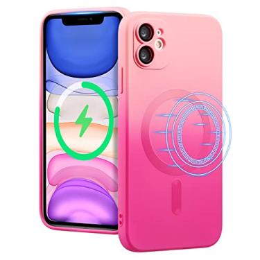 Imagem de UEEBAI Capa magnética para iPhone 12 de 6,1 polegadas, capa bicolor compatível com carregador MagSafe capa transparente com protetor de lente de câmera capa de telefone de silicone macio - rosa e vermelho
