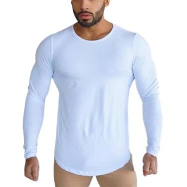 Imagem de Camiseta masculina de algodão puro longa respirável esportes outono e inverno tendência da moda slim fit mangas compridas, Branco, GG