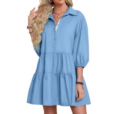 Imagem de BerryGo Vestido feminino casual de verão Babydoll minivestido solto em camadas túnica curta manga bufante vestido camisa com botões, Azul, P