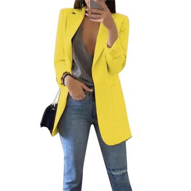 Imagem de BOFETA Blazer feminino de cor sólida cardigã casual manga longa plus size blazer com bolsos, Amarelo, M
