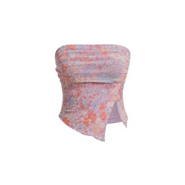 Imagem de Anoumcy Blusa cropped feminina com estampa floral casual sem alças e bainha dividida boho, bandeau, verão, Roxa, G