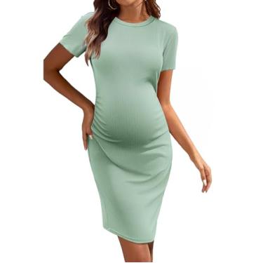 Imagem de Ekouaer Vestido feminino para gestante franzido canelado colado ao corpo vestidos de verão vestido casual de gravidez P-GGG, Verde gelo, P