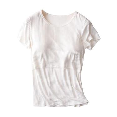 Imagem de Camiseta feminina de malha canelada de cor sólida manga curta gola redonda Camiseta de amamentação, Branco, M