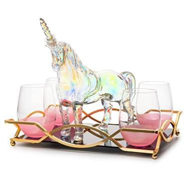 Imagem de Conjunto de decantador de uísque de vinho de unicórnio iridescente de 750 ml com 4 copos brilhantes rosa para vinho, uísque, tequila ou qualquer bebida da The Wine Savant – Presentes de unicórnio para