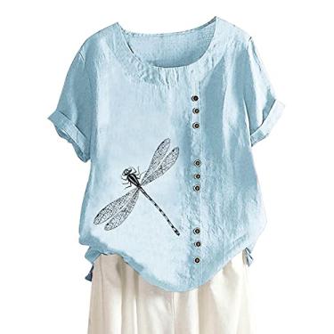Imagem de Camiseta feminina com estampa de libélula, blusas de linho, gola redonda, manga curta, túnica, caimento solto, camisa de verão, Azul claro, XXG