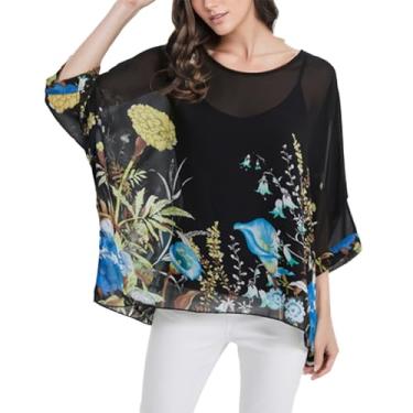 Imagem de Blusa feminina solta de chiffon com estampa floral Alicia, blusa morcego, boêmia, rodada, camiseta, Preto com lírio e cravos, One Size Plus