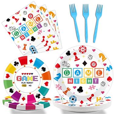 Imagem de Wiooffen 96 peças de artigos de festa noturna para jogos de família, decoração de festa de jogos, para festa de aniversário, videogame, conjunto de utensílios de mesa, jogo infantil, festa noturna,