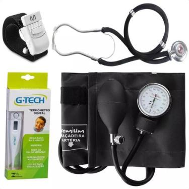 Imagem de Kit Acadêmico Esfigmo Preto + Esteto + Garrote + Termômetro - Premium