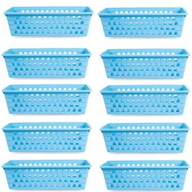 Imagem de Kit 10 Cestos Multiuso Comprido Retangular Azul 28x11x8 Cm 123Organize