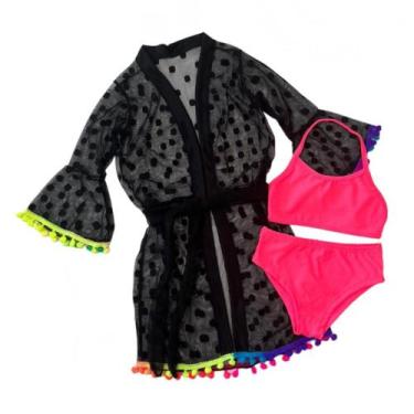 Imagem de Kit Saída De Praia Infantil E Biquíni Neon Meninas Novidade - Ak Fashi