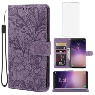 Imagem de Gufuwo Capa para Galaxy S8, capa carteira para Samsung S8 SM-G950U com protetor de tela de vidro temperado, flor de renda, couro PU, flip com suporte para cartão de crédito, capa para celular para