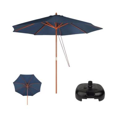 Imagem de Kit Ombrelone Madeira 3 Metros Guarda Sol Sombreiro Azul + Base Plásti