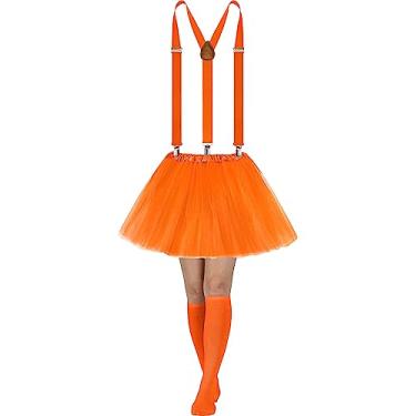 Imagem de Sintege 3 peças de fantasia de tutu feminina, saia tutu de tule de 5 camadas e alças elásticas ajustáveis nas costas meias listradas, Laranja, Tamanho Único