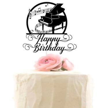 Imagem de Piano Happy Birthday Cake Topper Musical Music Notes Cake Decoration Music Lover Themed Birthday Party Supplies Musician Cake Pick Black Glitter