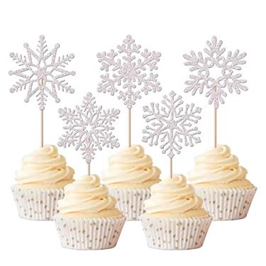 Imagem de Rsstarxi 30 Pack Snowflake Cupcake Toppers Glitter Winter Frozen Theme Cupcake Picks Baby Shower Cake Decorations for Snowflake Theme Christmas Kids Birthday Theme Party Supplies Silver