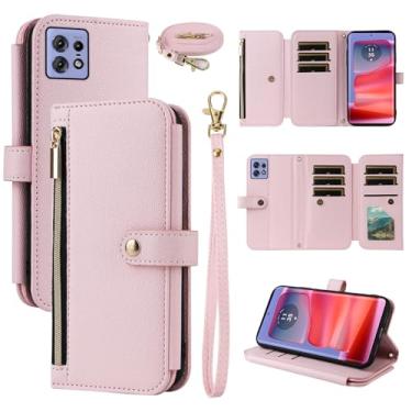 Imagem de Dswteny Capa carteira para Motorola Moto Edge 50 Pro 5G com alça de pulso alça de ombro bolsa com zíper, capa de celular flip de couro de luxo com suporte para cartão de crédito para Moto Edge 50 Pro