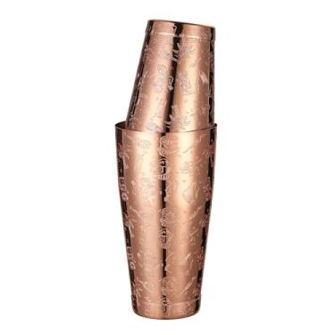 Imagem de Coqueteleira Boston pesada gravada com imagens Tiki (gráfico Tiki de cobre)