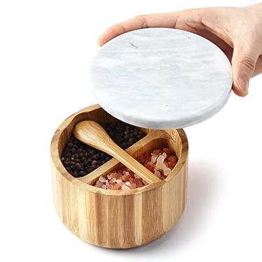 Imagem de 8SOM Caixa de sal e pimenta de bambu com tampa de mármore e colher embutida, tampa de poeira bem vedada, recipiente para armazenamento de pimenta, especiarias, ervas, sal marinho, capacidade dupla de 147 g