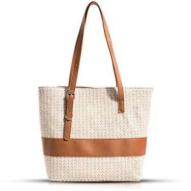 Imagem de QTKJ Sacola feminina, bolsa de praia, bolsa de praia de palha alças de ombro de couro ajustáveis, bolsa de verão grande capacidade adequada para praia, viagens, combinação diária (bege), Bege, Large