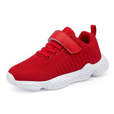Imagem de Casbeam Tênis infantil respirável de malha leve fácil caminhada casual esportivo com alça esportiva para meninos e meninas, 050-vermelho, 18