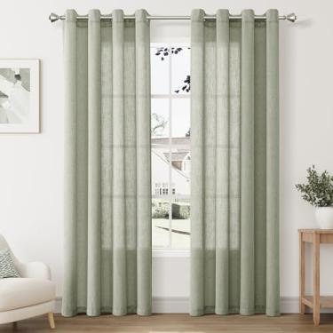 Imagem de Cortinas transparentes de linho verde sálvia 213,4 cm de comprimento para sala de estar, conjunto de 2 painéis, argolas macias e espessas, texturizadas, semitransparentes, cortina de janela, cortina