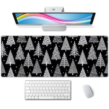 Imagem de Tapete de mouse grande para jogos com bordas costuradas, árvore de Natal, preto e branco, círculo de bolinhas, teclado estendido, base de borracha antiderrapante para teclado e mouse, 31,5 x 11,20 cm
