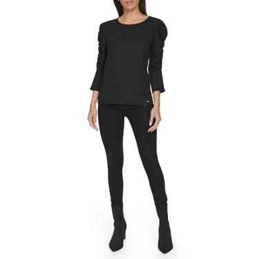 Imagem de Calvin Klein Camiseta feminina texturizada com manga 3/4, Preto, M