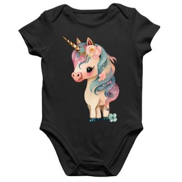 Imagem de Body Bebê Algodão Unicórnio e Flores - Foca na Moda, Preto, GG