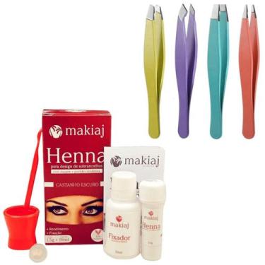 Imagem de Henna Makiaj Sobrancelha Escolha a cor + 4 Pinças Chanfrada Fina Reta 