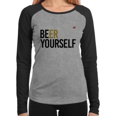 Imagem de Baby Look Raglan Beer Yourself Manga Longa - Foca na Moda, Cinza, Pret