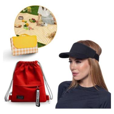 Imagem de Kit Mochila Lona + Viseira + Tapete De Piquenique Resistente Lançament