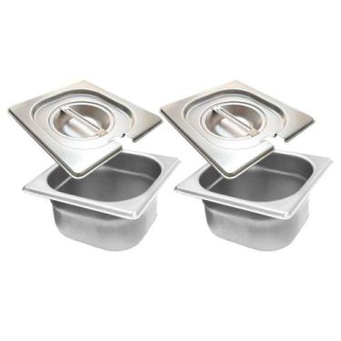 Imagem de CONJ 2 CUBAS Gastronômicas Em INOX GN 1/6x65 mm 900 ml + 2 TAMPAS 1/6 