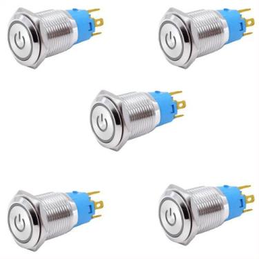 Imagem de Kit 05 Botão Start Metal C/ Trava Led Azul 19mm 12v 24v - Theodor