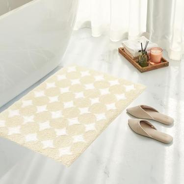 Imagem de Tititex Tapete de banheiro luxuoso com estrelas de losango creme, 61 cm x 91 cm, clássico, extra macio e absorvente, tapete de banho felpudo antiderrapante para piso de banheiro